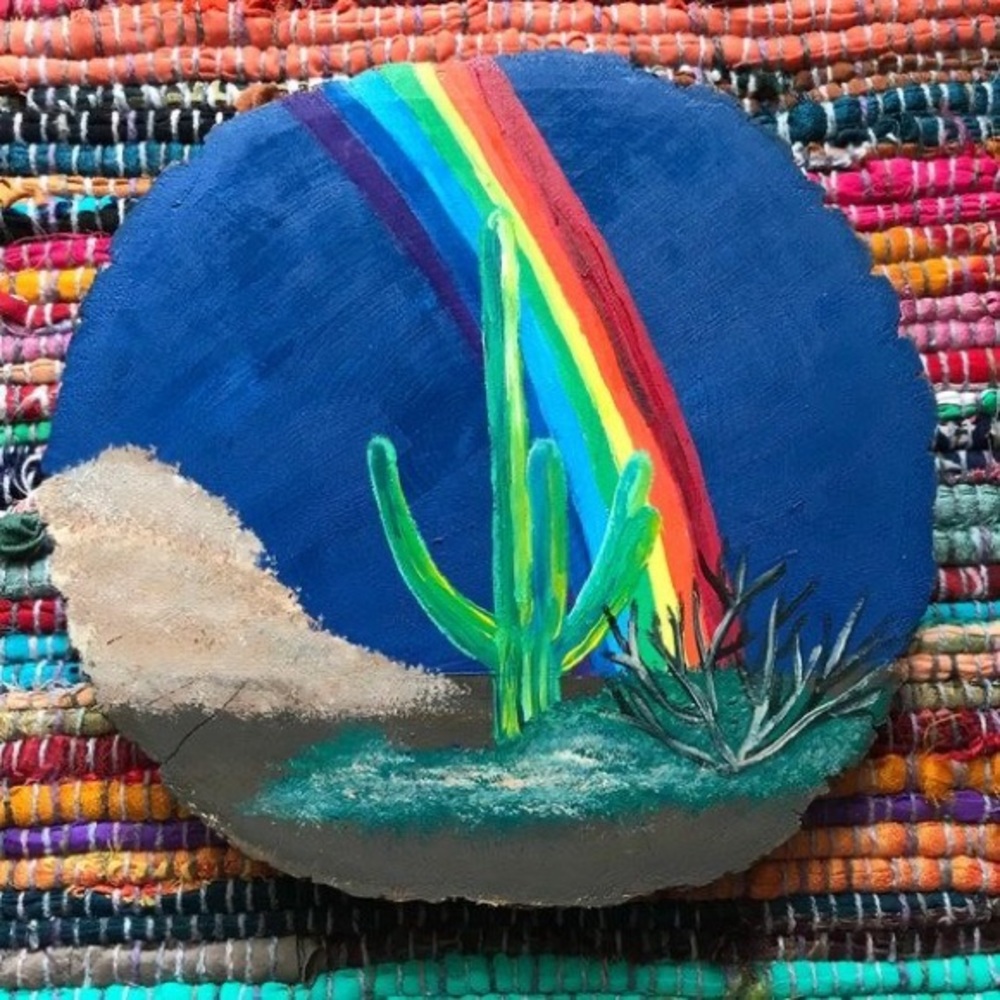 Cactus and Rainbow Desert Wood Slab Acrylic Painting